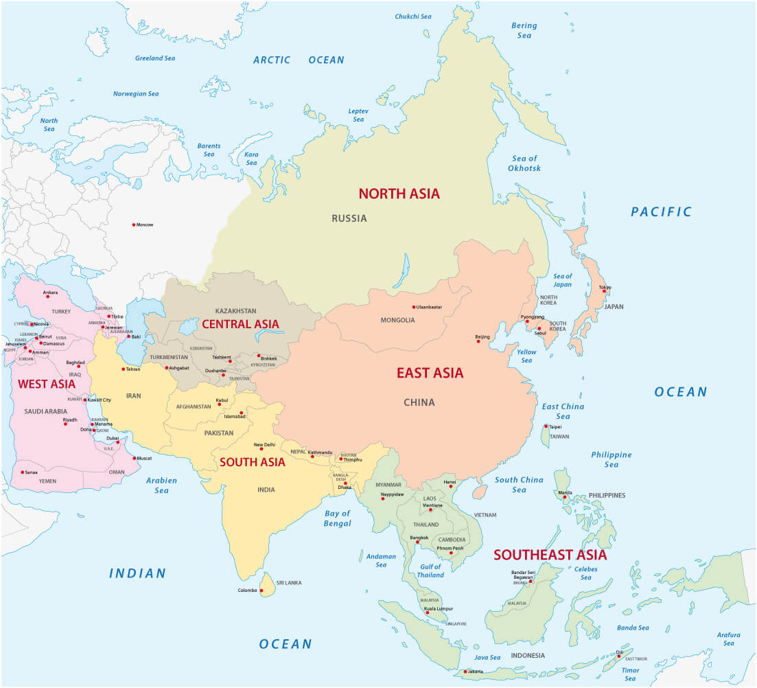 Asia Map with India China and Russia